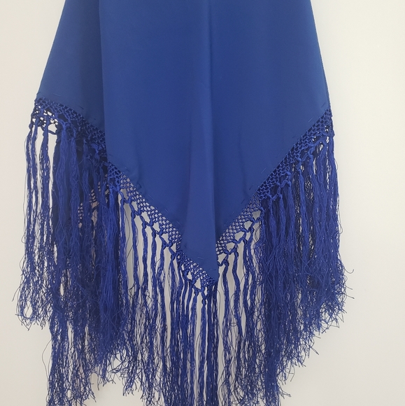 Royal blue poly scarf with fringe - Picture 1 of 2